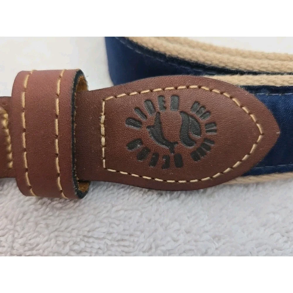 CAREY CHEN OCEAN RIDER Belt Mahi Mahi Sz 44 Leather Ends Canvas Brass Buckle GC